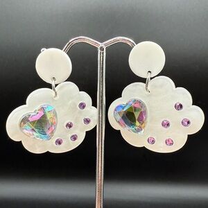 Sparkly Iridescent Acrylic Cloud Earrings with Purple Rhinestones - Pierced